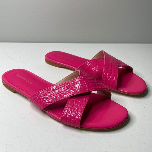Stuart Weitzman Roza Flat Slide Sandal Pink Croc Embossed Leather 10.5 - Picture 2 of 13